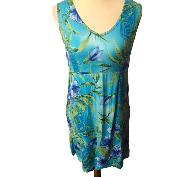 Mango Bay turquoise with tropical hibiscus sleeveless sundress Size S - Picture 2 of 12